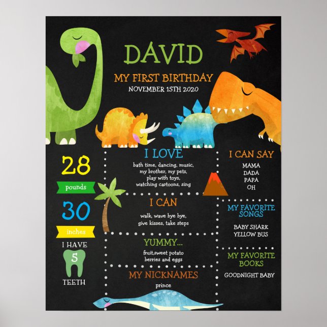 Dinosaur First Birthday Chalkboard Milestone Poster (Front)