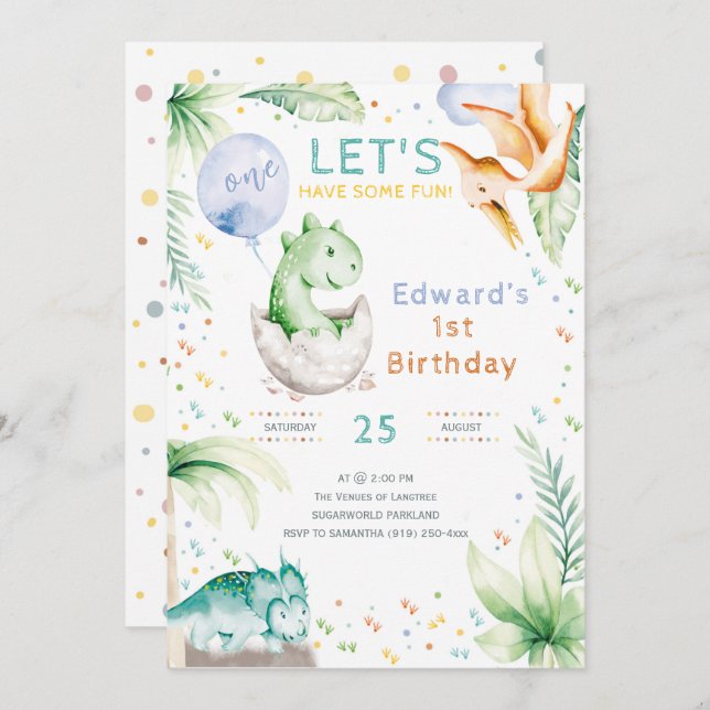 Dinosaur First Birthday invitation (Front/Back)