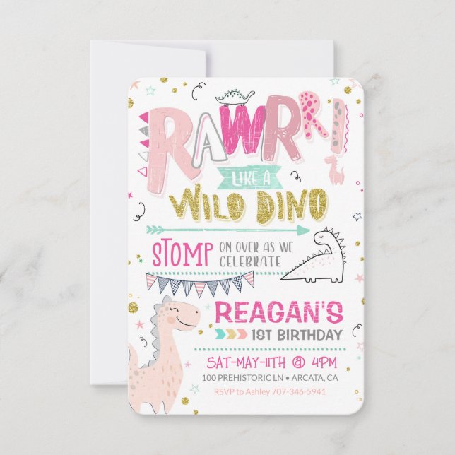 Dinosaur First Birthday Invitation Wild Dino Roar (Front)