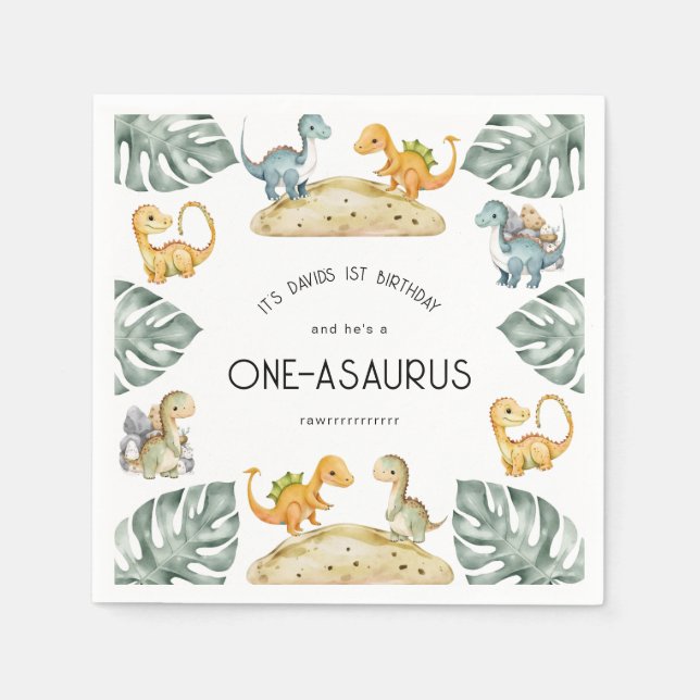 Dinosaur First Birthday Oneasaurus Party Napkins (Front)
