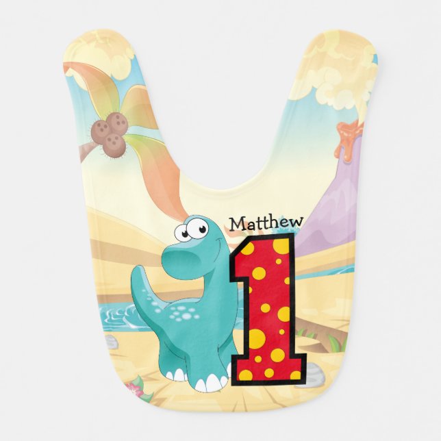 Dinosaur First Birthday Party Custom Baby Bib (Front)