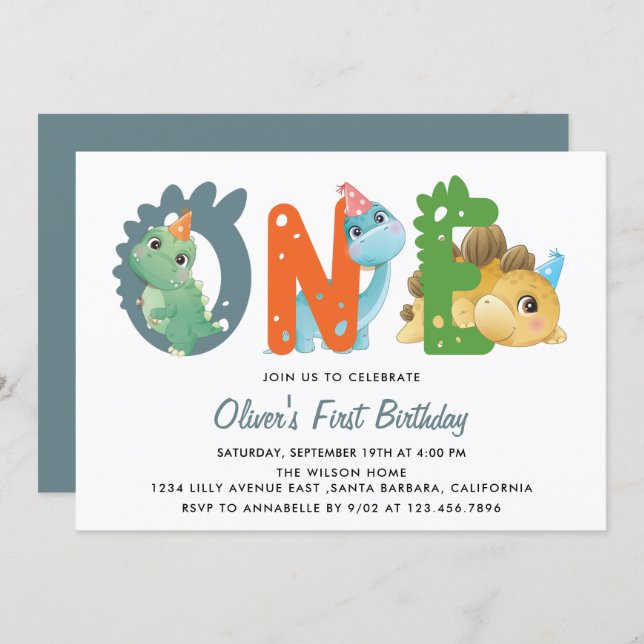 Dinosaur First Birthday Party  Invitation (Front/Back)