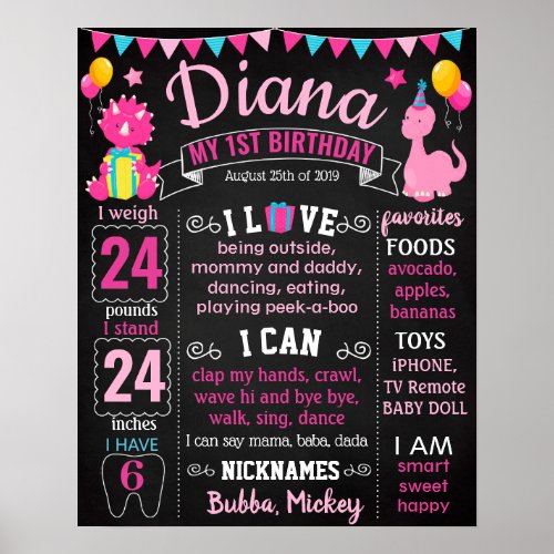 Dinosaur First birthday sign for a girl