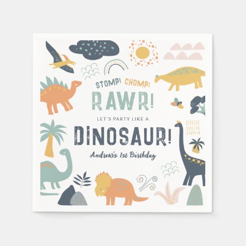 Dinosaur First Birthday Stomp Chomp Roar Napkins