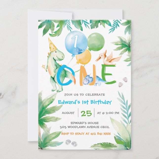 Dinosaur First Boy Birthday Invitations template (Front)
