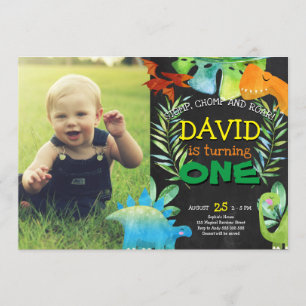 Dinosaur first boy birthday with Photo Invitation