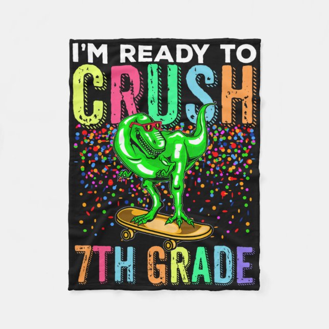 Dinosaur First Day Of School 7thgrade Skateboardin Fleece Blanket (Front)