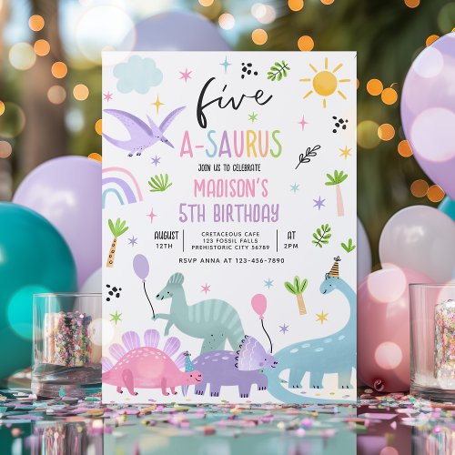 Dinosaur Five_A_Saurs Pink 5th Birthday Party Invitation