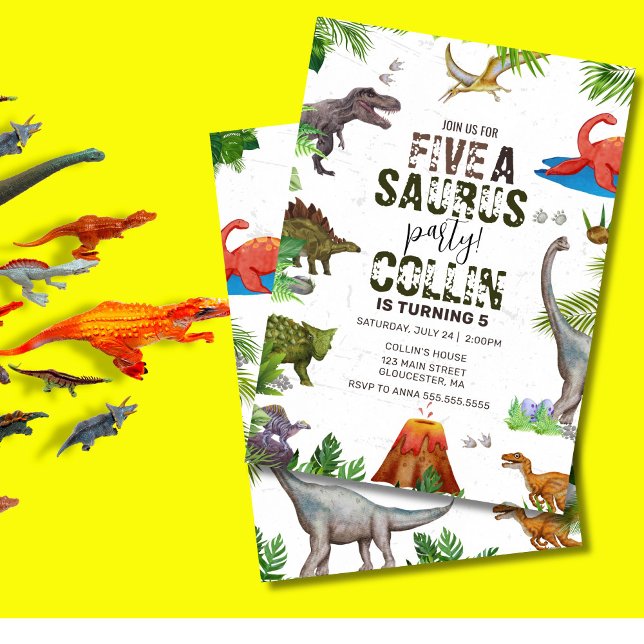 Dinosaur Five A Saurus 5TH Birthday Party  Invitation (Five-a-saurus birthday invite with cute dinosaurs and greenery – editable and fun!)