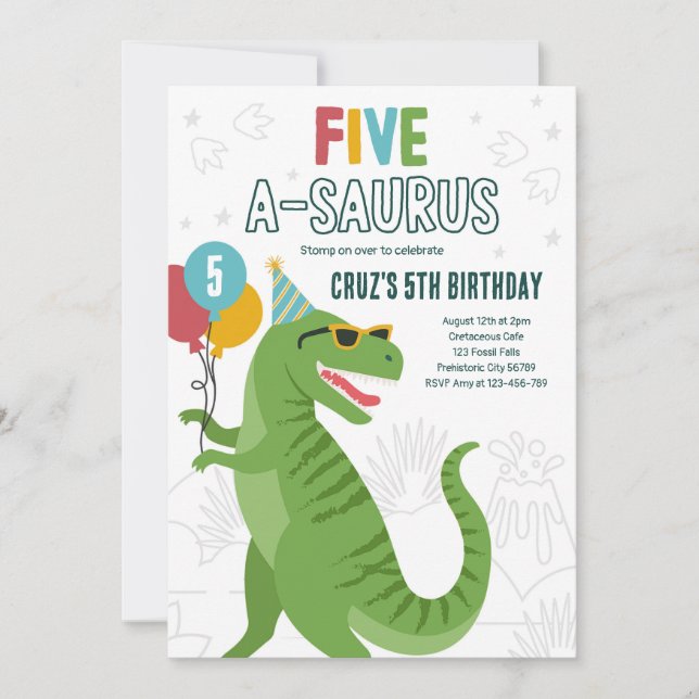Dinosaur Five A-Saurus 5th Birthday Party T-Rex  Invitation (Front)