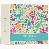 Dinosaur Floral Folk Silhouettes Beautiful Girls 3 Ring Binder