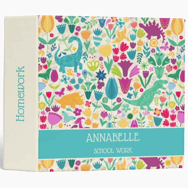 Dinosaur Floral Folk Silhouettes Beautiful Girls 3 Ring Binder (Front/Spine)