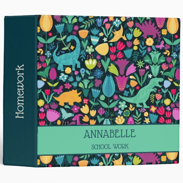 Dinosaur Floral Folk Silhouettes Beautiful Girls 3 Ring Binder (Front/Spine)
