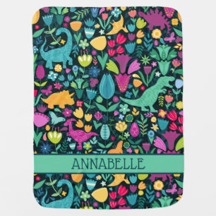 Dinosaur Floral Folk Silhouettes Beautiful Girls Baby Blanket