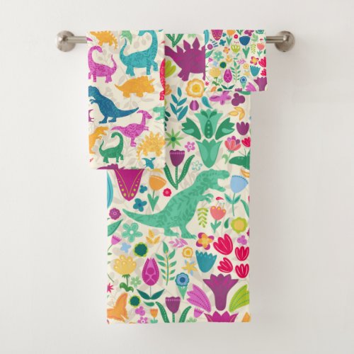 Dinosaur Floral Folk Silhouettes Beautiful Girls Bath Towel Set