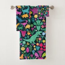 Dinosaur Floral Folk Silhouettes Beautiful Girls Bath Towel Set