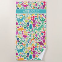 Dinosaur Floral Folk Silhouettes Beautiful Girls Beach Towel