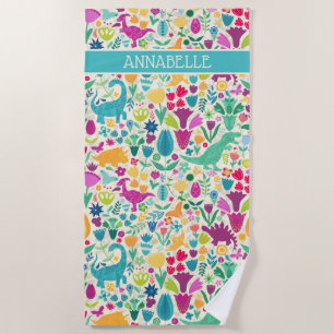 Dinosaur Floral Folk Silhouettes Beautiful Girls Beach Towel