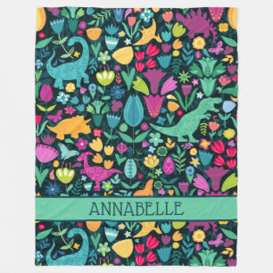 Dinosaur Floral Folk Silhouettes Beautiful Girls Fleece Blanket