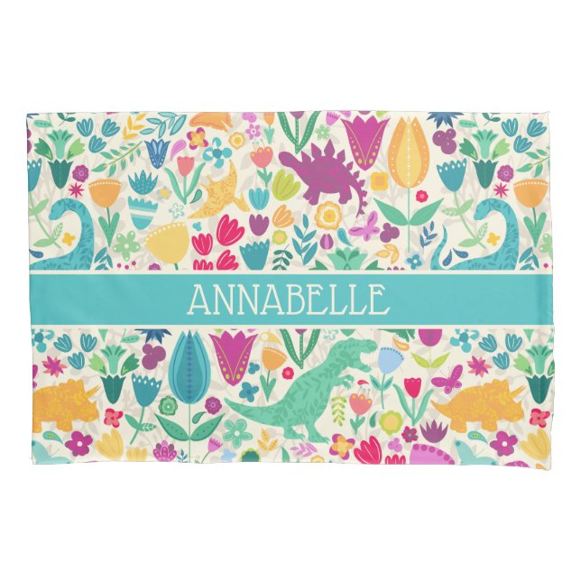 Dinosaur Floral Folk Silhouettes Beautiful Girls Pillow Case (Front)