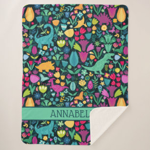 Dinosaur Floral Folk Silhouettes Beautiful Girls Sherpa Blanket