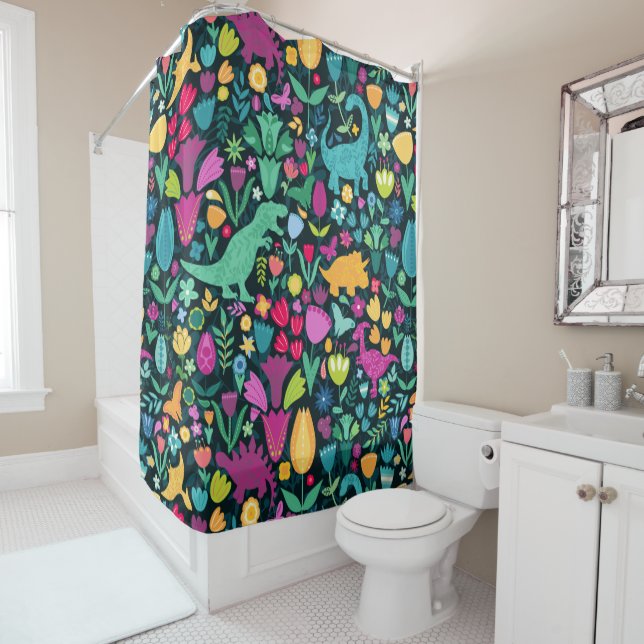 Dinosaur Floral Folk Silhouettes Beautiful Girls Shower Curtain (In Situ)