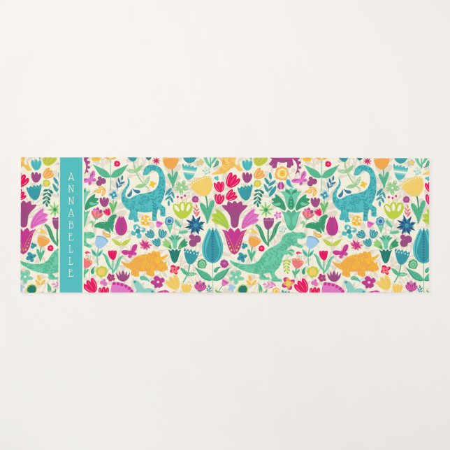Dinosaur Floral Folk Silhouettes Beautiful Girls Yoga Mat (Front (Horizontal))