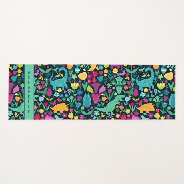 Dinosaur Floral Folk Silhouettes Beautiful Girls Yoga Mat (Front (Horizontal))