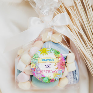 Dinosaur Floral Glitter Baby Girl 1st Birthday Classic Round Sticker