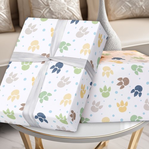 Dinosaur Footprints Blue Green Yellow Boy Birthday Wrapping Paper