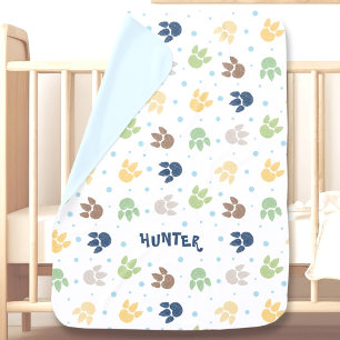 Dinosaur Footprints Blue White Custom Name Boy Baby Blanket