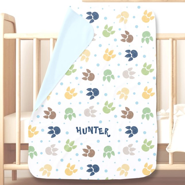 Dinosaur Footprints Blue White Custom Name Boy Baby Blanket (Dinosaur Footprints Blue White Custom Name Boy Baby Blanket)