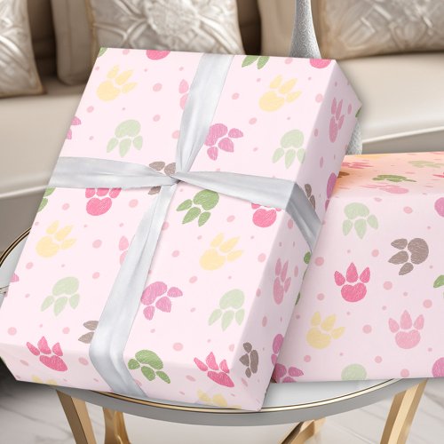 Dinosaur Footprints Pattern Girl Pink Colorful Wrapping Paper