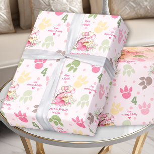 Dinosaur Footprints Pink Girl Birthday Name Text Wrapping Paper