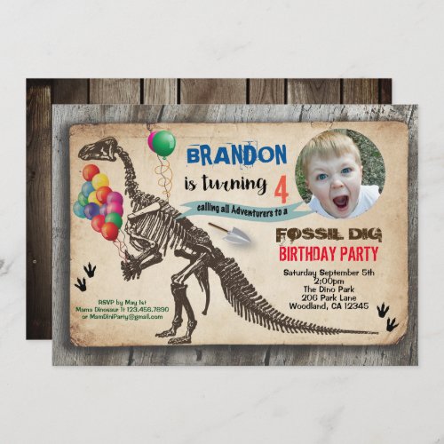 Dinosaur fossil dig birthday photo invitation