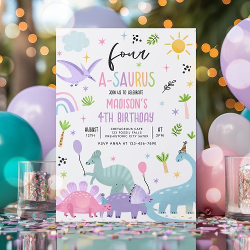 Dinosaur Four_A_Saurs Pink 4th Birthday Party Invitation