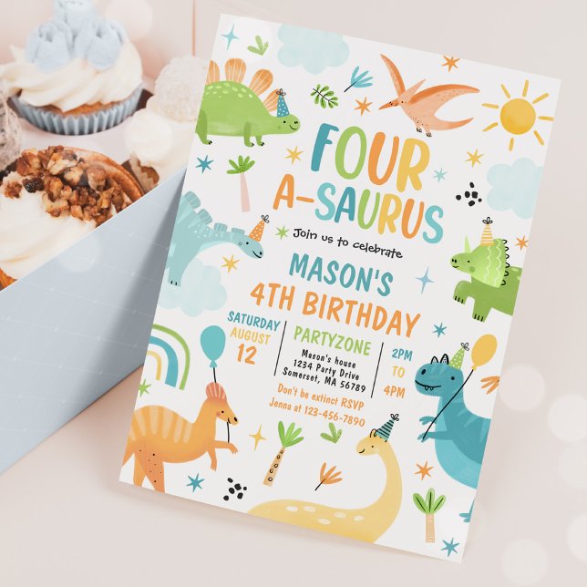 Dinosaur Four-A-Saurus 4th Birthday Party Invitation (Creator Uploaded)