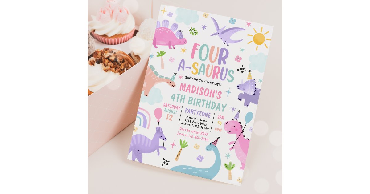 Dinosaur Four-A-Saurus 4th Birthday Party Invitation