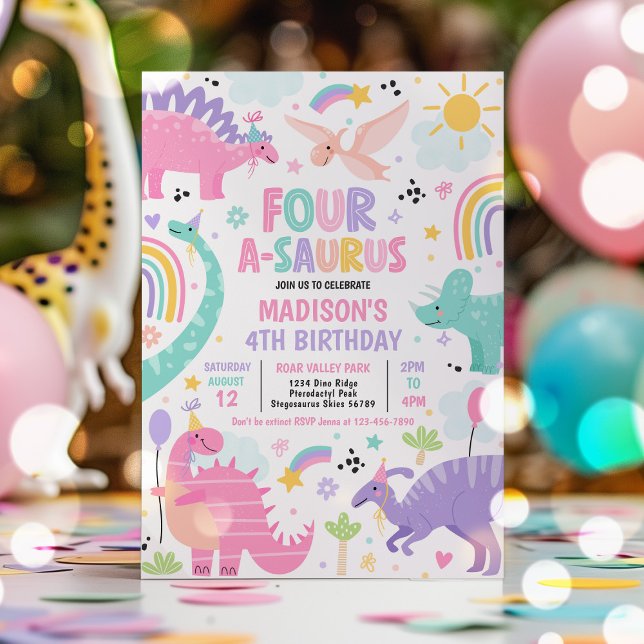 Dinosaur Four-A-Saurus 4th Birthday Party Invitation (Creator Uploaded)