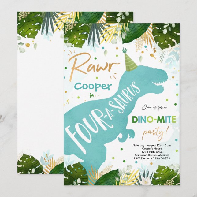 Dinosaur Four-A-Saurus Party Dino 4th Birthday Invitation (Front/Back)