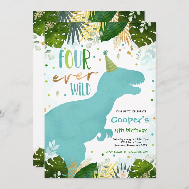 Dinosaur Four Ever Wild Boy Dinosaur 4th Birthday Invitation (Front/Back)