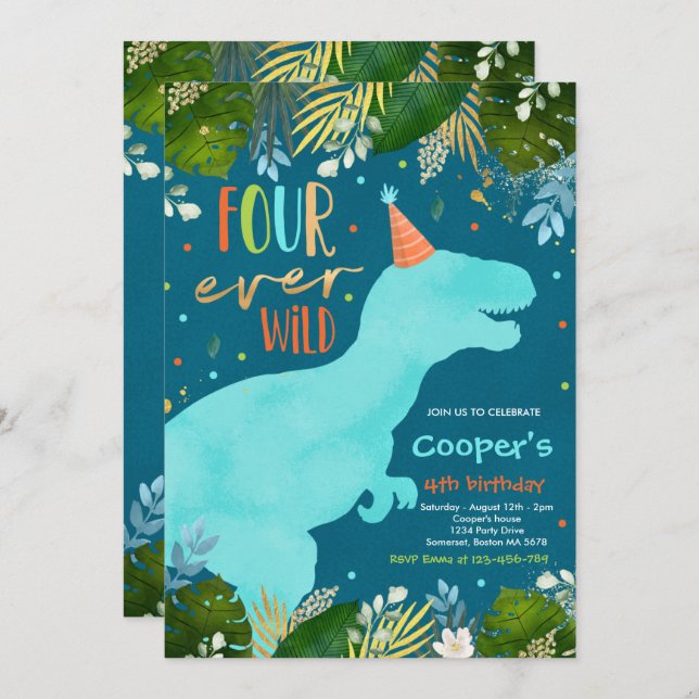 Dinosaur Four Ever Wild Boy Dinosaur 4th Birthday Invitation (Front/Back)