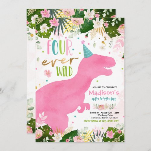 Dinosaur Four Ever Wild Party Dinosaur Birthday Invitation