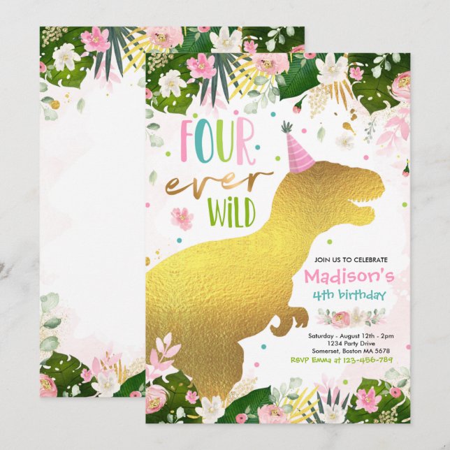 Dinosaur Four Ever Wild Party Dinosaur Birthday Invitation (Front/Back)