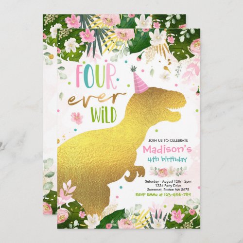 Dinosaur Four Ever Wild Party Dinosaur Birthday Invitation