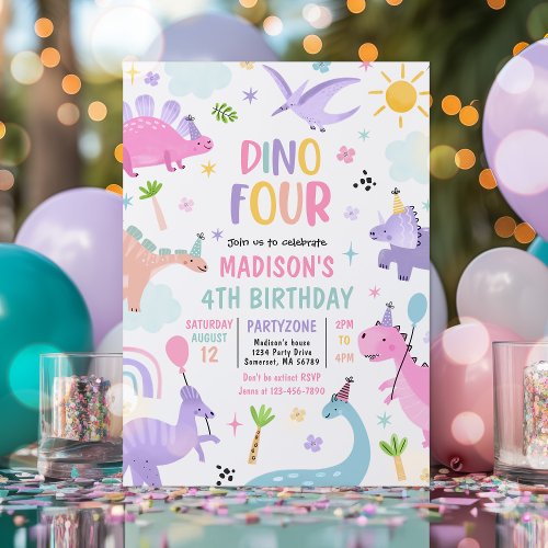 Dinosaur Four Pink T_Rex 4th Birthday Party Invitation