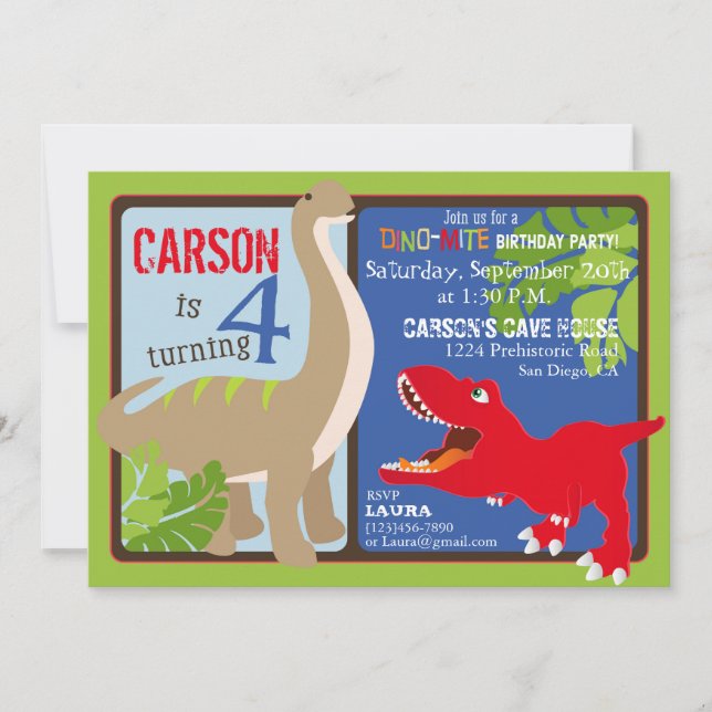Dinosaur Fourth Birthday Invitation Card (Front)