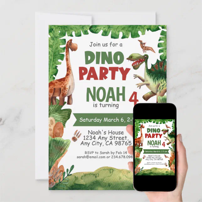 Dinosaur Fourth Birthday Party Invitation | Zazzle