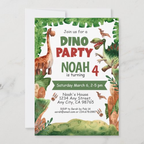 Dinosaur Fourth Birthday Party Invitation