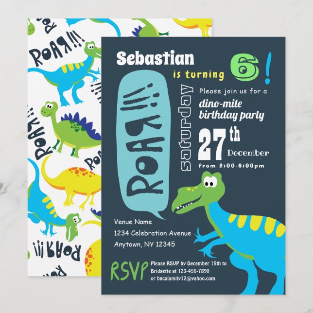 Dinosaur Fun Birthday Party, Boys Dino Mite Invitation (Front/Back)